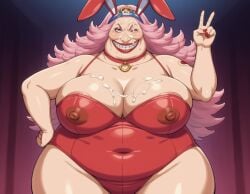 ai_generated big_belly big_breasts big_mom bunny_costume bunny_ears charlotte_linlin choker chubby chubby_female cum_on_breasts cum_on_face cumshot_on_chest cumshot_on_face erect_nipples female female_only female_pirate hair hand_on_hip huge_breasts left_alone_after_sex long_hair matronai_(artist) one_piece overweight overweight_female peace_sign pink smiling smiling_at_viewer solo solo_female solo_focus thick_ass thick_thighs winking_at_viewer