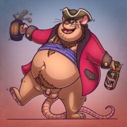 1:1 2022 alcohol anthro balls belly beverage big_belly brown_body eye_patch eyewear genitals hi_res humanoid_hands korndoggychub male male_only mammal micropenis murid murine overweight overweight_male penis pirate pirate_hat rat rodent rum small_penis solo