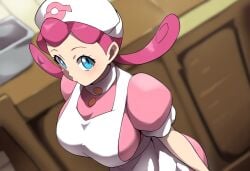 1girls ai_generated big_breasts female large_breasts mullon novelai nurse nurse_cap nurse_joy nurse_uniform perspective pink_hair pokemon