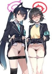 2girls :< animal_ear_fluff animal_ears aqua_necktie armband ayane_(blue_archive) bike_shorts black_hair black_shorts black_thighhighs blue_archive blue_armband blush braid cardigan cat_ears closed_eyes clothes_lift clothes_pull commentary_request cowboy_shot extra_ears female_pubic_hair glasses grey_background halo highres lifting_own_clothes long_hair long_sleeves looking_at_viewer multiple_girls navel necktie panties panty_pull pink_halo pink_panties plaid_clothes plaid_skirt pleated_skirt pointy_ears pubic_hair pussy pussy_juice red-framed_eyewear red_halo school_uniform serika_(blue_archive) short_hair shorts shorts_pull simple_background single_thighhigh skirt skirt_lift standing sweat thighhighs thighs twintails underwear yamamoto_kichiko yellow_cardigan