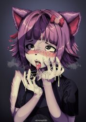 2022 anthro blush bodily_fluids clothed clothing cum cum_in_mouth cum_inside cum_on_face cum_on_hand digital_media_(artwork) domestic_cat felid feline felis female fur genital_fluids hair heart hi_res mammal masyunya_(vkontakte) open_mouth purple_hair simple_background solo tongue tongue_out topwear tweenstrip vkontakte white_body white_fur