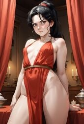 1girls ai_generated angry black_hair cleavage halterneck jokerofhearts light-skinned_female nipple_bulge pelvic_curtain plunging_neckline robe solo tsundere