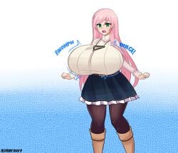 1girls alphaerasure big_breasts breast_expansion breasts green_eyes huge_breasts pink_hair saki_(pantsudesu)