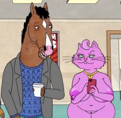 absurd_res accurate_art_style anthro areola big_breasts bojack_horseman bojack_horseman_(character) breasts clothed clothing digital_media_(artwork) domestic_cat duo edit edited_screencap equid equine felid feline felis female fur genitals hair hi_res horse huge_breasts male male/female mammal netflix nipples nude orphazoid princess_carolyn pussy thick_thighs