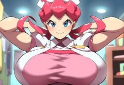 1girls ai_generated female huge_breasts large_breasts mullon novelai nurse nurse_cap nurse_joy nurse_uniform pink_hair pokemon top_heavy