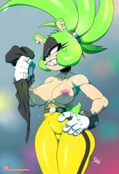 2024 belt big_breasts blue_eyes breasts ear_piercing female female_only furry gloves green_fur green_hair hiliwd holding_shirt nipple_piercing nipples pants pierced_nipples piercing piercings sega sonic_(series) sonic_the_hedgehog_(series) surge_the_tenrec tenrec thick_thighs thighs tied_hair topless topless_female wide_hips