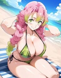 ai_generated armpits arms_up bare_thighs beach bikini braided_ponytail demon_slayer gigantic_breasts green_eyes huge_breasts huge_thighs kanroji_mitsuri kimetsu_no_yaiba light-skinned_female light_skin looking_at_viewer massive_breasts multicolored_hair pink_hair smiling solo_female squatting sweat sweatdrop thick_body thick_female thick_thighs thighs voluptuous voluptuous_female zenzen