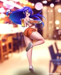 1girls alcohol alternate_costume ass back_view bare_legs bare_midriff beer beer_mug blue_eyes blue_hair blush breasts cup employee_uniform female female_only fire_emblem fire_emblem_awakening food highres hooters jaxartdump large_ass long_hair looking_at_viewer looking_back lucina_(fire_emblem) midriff mug nintendo no_legwear open_mouth orange_shorts plate short_shorts shorts smile solo symbol-shaped_pupils tank_top thick_thighs tiara uniform waitress walking