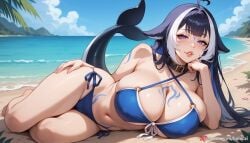 ai_generated animal_ears balecxi beach belt_collar black_hair blue_bikini cetacean_tail cleavage collar criss-cross_halter day facial_mark female fins fish_tail halterneck heart heart_ahoge huge_breasts long_hair looking_at_viewer lying navel on_side outdoors purple_eyes shylily side-tie_bikini_bottom sky solo streaked_hair swimsuit tattoo virtual_youtuber white_hair