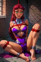 ai_generated bondage bondage bound dc dc_comics foot_fetish green_eyes long_hair medium_breasts naughtygirlsai orange_skin red_hair rope rope_bondage soles spread_legs teen_titans toes