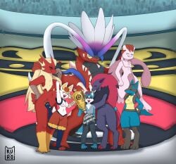 ambiguous_gender ancient_pokemon anthro blaziken blush breasts celebration cinderace closed_eyes female generation_1_pokemon generation_3_pokemon generation_4_pokemon generation_5_pokemon generation_8_pokemon generation_9_pokemon group happy hi_res husky_lucario koraidon kurosita legendary_pokemon love lucario male mewtwo nintendo nipples paradox_pokemon pokemon pokemon_(species) pokemon_champion pokemon_trainer size_difference sketch smaller_male smile standing tail victory zoroark