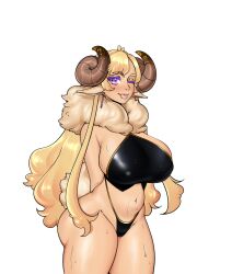 1girls artwithmoira blonde_hair corruption_of_champions_ii female female_only horns long_hair neck_tuft purple_eyes sheep_girl sheep_horns solo sweat unusual_pupils