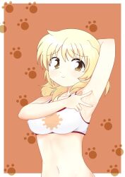 arm_behind_head arm_up armpits blonde_hair blush brown_eyes dard_drak female hidamari_sketch long_hair looking_at_viewer miyako smile solo sports_bra spread_armpit