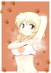 arm_behind_head arm_up armpits blonde_female blonde_hair blush brown_eyes dard_drak female female_only hidamari_sketch long_hair looking_at_viewer miyako smelly_armpits smile solo sports_bra spread_armpit steam steaming_body sweat