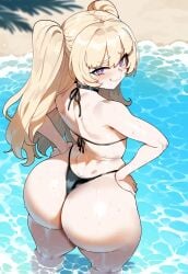 1girls ai_generated azur_lane bache_(azur_lane) beach blonde_hair outdoors purple_eyes small_breasts solo uncensored