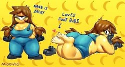 becky_(lilmoonie) big_breasts black_gloves black_shoes blue_overalls breasts brown_hair chubby cyclops despicable_me fat feet feet_up lilmoonie long_hair minion overalls petite petite_body short_girl