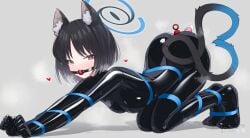 anal anal_object_insertion animal_ear_fluff animal_ears ball_gag black_bodysuit black_hair blue_archive blue_halo blush bodysuit bondage bound breasts cat_ears cat_tail female full_body gag gagged grey_eyes halo highres kikyou_(blue_archive) latex latex_bodysuit maguro27 multiple_tails object_insertion ribbon ribbon_bondage sex_toy shiny_clothes short_hair skin_tight small_breasts solo tail vibrator wiffle_gag