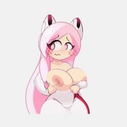 1girls alternate_version_available ami_(gwain_saga) areola areolae big_areola big_areolae big_breasts cat_ears embarrassed embarrassed_female eyelashes female flustered gwain_saga holding_breast holding_breasts liljuliax mikulazo_chan nipples pink_eyes pink_hair