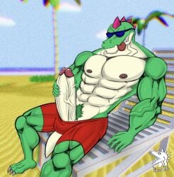 anthro beach big_penis bodily_fluids brawl_stars buzz_(brawl_stars) eyewear genital_fluids genitals hi_res male male_only muscular muscular_anthro nazuranoke nipples only_male penis precum pubes_exposed reptile scalie sea solo sunglasses supercell_(company) water watermark