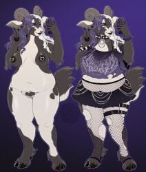 alternative_fashion anthro bottomwear bovid canid canine caprine clothing digital_media_(artwork) ear_piercing egirl facial_piercing female flat_colors fox goat goth hooves horn hybrid mammal miniskirt nipple_piercing nipples nose_piercing piercing septum_piercing skirt slightly_chubby