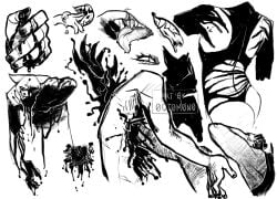 0ct0m0n0 ambiguous_form ambiguous_gender anthro artist_name blood blood_from_mouth blood_in_mouth blood_on_chest bodily_fluids duo finger_in_mouth forked_tongue front_view gore monochrome mouth_play narrowed_eyes rear_view side_view simple_background sketch_page solo tongue