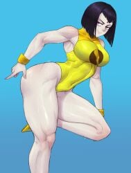 1girls blue_background breasts curvy dc dc_comics grey_hair huge_breasts justice_league lady_legasus large_breasts leotard limn044 muscular_legs pink_eyes purple_hair rachel_roth raven_(dc) short_hair simple_background solo superhero_costume sweat sweatdrop teen_titans thick_thighs thighs yellow_leotard