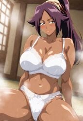 1girls ai_generated aimhoen almost_naked artist_name big_breasts bleach blush colored dark dark-skinned_female dark_skin detailed_background female_only long_hair looking_at_viewer patreon pink_lipstick ponytail purple_hair seductive_look seductive_smile shihouin_yoruichi shiny_skin solo_female sweat thick_thighs uncensored white_bra white_panties yellow_eyes