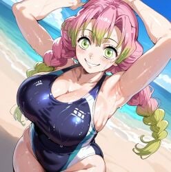 ai_generated armpits arms_up bare_thighs beach braided_ponytail demon_slayer gigantic_breasts green_eyes huge_breasts huge_thighs kanroji_mitsuri kimetsu_no_yaiba light-skinned_female light_skin looking_at_viewer massive_breasts multicolored_hair one-piece_swimsuit pink_hair smiling solo_female squatting sweat sweatdrop thick_body thick_female thick_thighs thighs voluptuous voluptuous_female zenzen