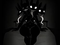 ai_generated badendbat_(artist) breasts creepy dark_room female multi_head nightmare_waifu nipples novelai on_bed pussy sharp_teeth smiling solo_female squinted_eyes thick_thighs tongue_out white_eyes wide_hips