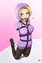 1girls ankle_cuffs arms_tied_behind_back ball_gag blonde_hair blue_eyes bondage breasts gag gagged hood_up hoodie kneeling large_breasts looking_at_viewer medium_hair o-ring_harness original pantyhose purple_hoodie sharpffffff