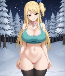 1woman ai_generated bare_pussy big_titties blonde_hair bottomless brown_eyes dog_collar fairy_tail female forest forest_background gyaru half_naked kuro_inazuma large_breasts lucy_heartfilia lustful_gaze night night_sky one_side_up pink_dog_collar public public_nudity seductive_look smug smug_grin snow snowbunny solo solo_female solo_focus tank_top thighhigh_stockings thighhighs voluptuous