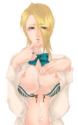 blonde_hair blue_eyes bow bowtie bra breasts cum cum_on_body cum_on_breasts cum_on_upper_body female green_bra large_breasts lingerie long_sleeves nipples open_clothes open_shirt shirt short_hair solo striped striped_bra underwear vertical_stripes