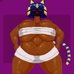 1girls animal_crossing ankha_(animal_crossing) chubby cosplay dark_skin looking_down massive_breasts nintendo original_character solo_female spinneborg sweat sweatdrop wide_hips wide_stance