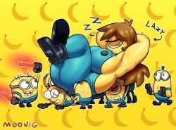 1girls 8boys becky_(lilmoonie) black_shoes blue_overalls brown_hair cyclops despicable_me lilmoonie long_hair minion minions_(film) overalls petite petite_body short_girl