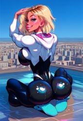 aged ai_generated ass big bimbo blonde_hair blue bubble cityscape dat eyes female gwen_stacy hair huge lips marvel marvel_comics ohhie pawg round short spider-gwen superheroine up