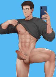 1boy abs bara black_hair black_shirt bottomless closed_mouth clothes_lift erection highres holding holding_phone large_pectorals leg_up lifted_by_self looking_at_phone male_focus male_only male_pubic_hair muscular muscular_male naked_shirt naoki_(xhju8282) navel nipples nude original pectorals penis phone pubic_hair shirt shirt_lift short_hair solo thighs