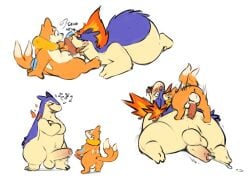 anal anthro anus balls bodily_fluids buizel duo generation_2_pokemon generation_4_pokemon genital_fluids genitals hi_res male male/male nintendo oral penis pokemon pokemon_(species) precum raburigaron size_difference small_dom_big_sub typhlosion