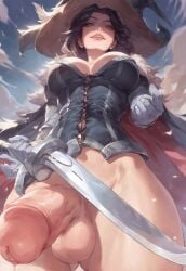 1futa ai_generated cleavage corset dickgirl from_below fur_trim futanari gloves leaking_precum original penis pirate revenge623 self_upload solo solo_focus solo_futa sword testicles