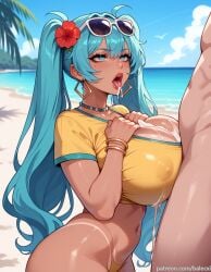 1boy ai_generated aqua_hair balecxi beach bikini blue_hair bracelet brazilian_miku breasts_squeezed_together covered_nipples crop_top cum_in_mouth cum_on_body cum_on_breasts day earrings eyewear_on_head female hair_flower hair_ornament hatsune_miku hibiscus huge_breasts jewelry long_hair mole_under_eye navel necklace outdoors paizuri patreon_username penis shirt solo_focus straight sunglasses tan tanlines tongue twintails