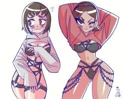 2girls alternate_version_available batman:_the_brave_and_the_bold crop_top_hoodie crossover dc dc_comics doom_patrol_fangirl hi_res jaliet.exe lingerie lingerie_bra lingerie_panties marvel navel pedestrian the_avengers:_earth's_mightiest_heroes