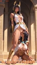 2girls ai_generated animal_ears anubis anubis_ears big_breasts black_hair cum_in_pussy cum_inside cum_on_breasts cunnilingus egyptian egyptian_clothes egyptian_female egyptian_headdress egyptian_mythology from_behind head_grab jewelry kneeling lesbian_sex magic nnnyr running_makeup runny_makeup smile smiling stable_diffusion standing tan_body tan_skin tentacle_penetration yuri