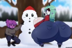 boyfriend-girlfriend couple couple_(romantic) crying ditto ditto_(pokémon) ditto_(strugglebunny) hand_covering_mouth huge_ass huge_breasts jeans larger_female lewd_bun_64 massive_ass melobun_(strugglebunny) meloetta oc pokemon pokemon_(species) purple_body purple_eyes smaller_male snow snowman squatting strugglebunny white_body wholesome winter_coat