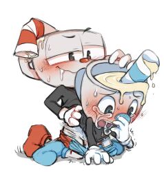 2boys anal_penetration anal_sex blue_nose blush brother_fucking_brother brothers crying_with_eyes_open cuphead cuphead_(game) doggy_style drooling from_behind gay gay_anal gay_incest gay_sex gloves incest motion_lines mugman no_visible_genitalia pants_down red_nose surprise_buttsex sweat tears_of_pleasure thrusting_into_ass white_background yaoi