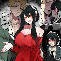 1girls 2boys big_breasts black_hair blonde_hair brother_and_sister cleavage comic female hi_res highres kurenaiz1 large_breasts loid_forger male red_eyes sisterly_cuckold spy_x_family straight text thick voluptuous yor_forger yuri_briar