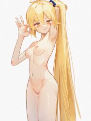 1girl 1girls absurdly_long_hair ahhgik akita_neru arm_behind_head arm_up armpits ass blonde_hair blush breasts censored cleft_of_venus closed_mouth commentary completely_nude completely_nude_female cowboy_shot female female_only from_side groin hair_between_eyes hair_ornament hand_up highres holding holding_own_hair light_blush long_hair looking_at_viewer looking_to_the_side medium_breasts mosaic_censoring naked naked_female navel nipples nude nude_female ok_sign playing_with_own_hair ponytail pussy ribs romaji_commentary simple_background solo solo_female standing tsurime turning_head very_long_hair vocaloid white_background yellow_eyes