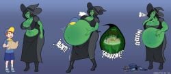 1boy 1girls big_belly burp burping burping_up_clothes digestion female green_glutton green_skin larger_female male oc size_difference smaller_male unwilling_prey vore vore_belly witch witch_costume witch_hat x-ray