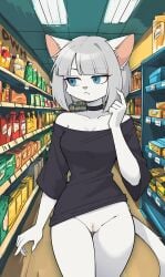 2d 2d_(artwork) anthro black_shirt blue_eyes bottomless bottomless_female cat_ears cat_tail curvy_female drawswhenhungry felid felid_humanoid feline feline_humanoid female_only furry furry_female no_bra no_bra_under_clothes no_panties public public_exposure pussy shelf standing store supermarket vagina visible_pussy white_fur white_sclera