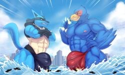 abs absurd_res anthro avian beak big_bulge blue_body bulge canid canine city clothed clothing crossed_arms destruction detailed_bulge duo falco_lombardi fist generation_4_pokemon genital_outline green_eyes hi_res lucario macro male mammal muscular muscular_anthro muscular_male nintendo nipples non-mammal_nipples pecs pokemon pokemon_(species) red_eyes sea ship speed_lines speedo spines star_fox swimwear tail tokifuji topless vehicle water watercraft wave