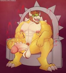 1boy anthro balls beard big_bulge bodily_fluids bowser bulge chair claws facial_hair fangs furniture furry furry_male furry_only heat_(temperature) hi_res horn koopa looking_at_viewer male male_only mario_(series) muscular nintendo nipple_piercing nipples piercing reptile scalie shell sitting solo sweat teeth throne tonkotsu_spicy_noodle