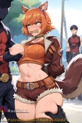 ai_generated angry arms_behind_back bound_arms bound_wrists collar cutout fluffy fluffy_tail forced gag gagged green_eyes groping groping_breasts hands_behind_back jacket large_breasts looking_at_another marvel midriff one_breast_out orange_hair outdoors public public_exposure rape rasilinai short_hair short_shorts squeezing squeezing_thigh squirrel_girl_(marvel) squirrel_girl_(marvel_rivals) stable_diffusion tagme tail tape_gag thick_thighs